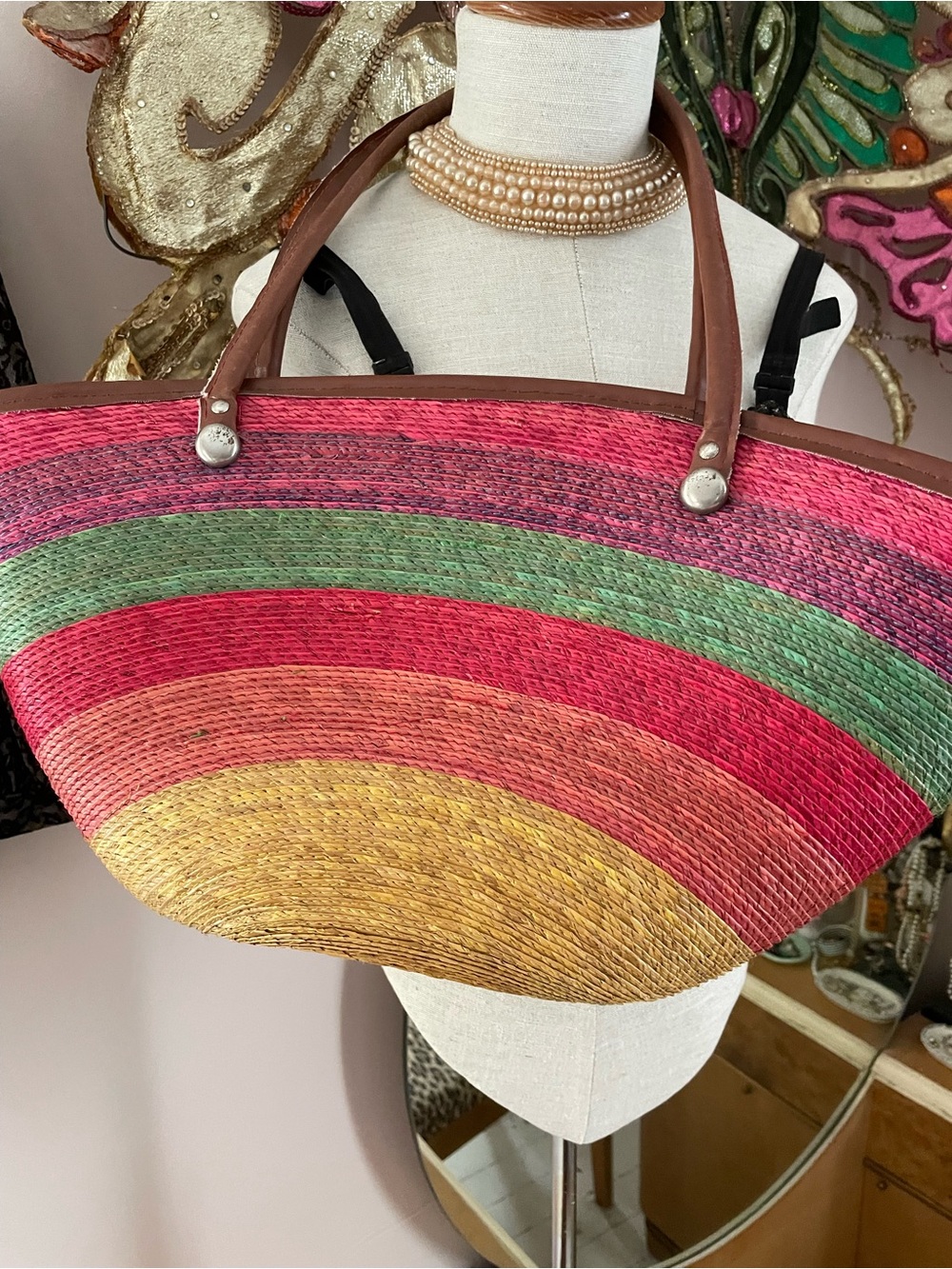 Vintage Multicolor Straw Shoulder Bag with Brown Handles
